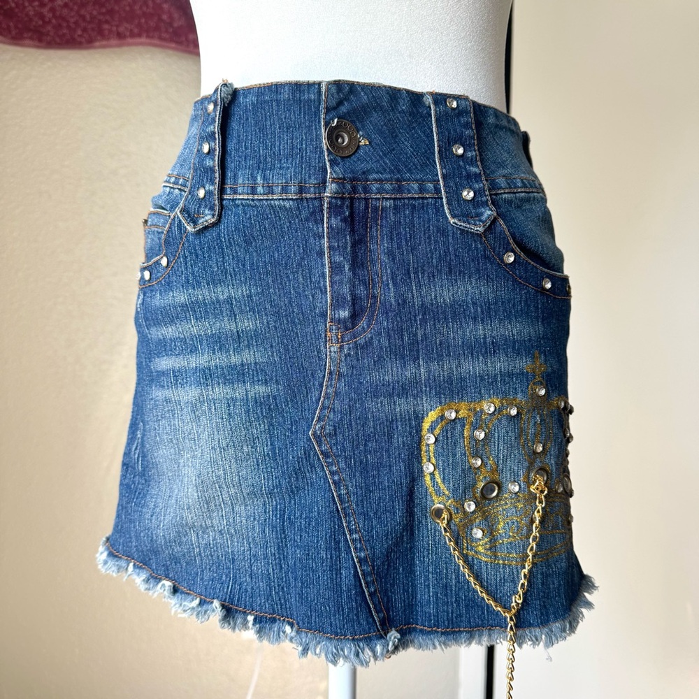 Denim Y2K McBling Mini Women’s Medium Skirt with Gold Crown Detail and Chain